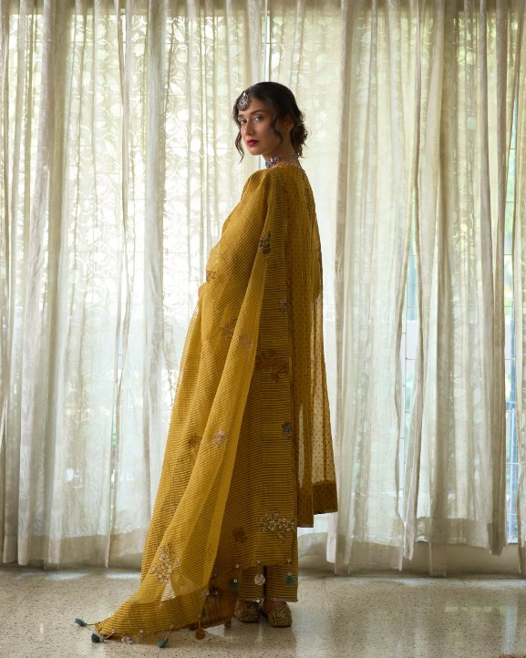 Kuhu Kurta chanderi kurta/kurta set by SWATTI KAPOOR in yellow for women in Singapore
