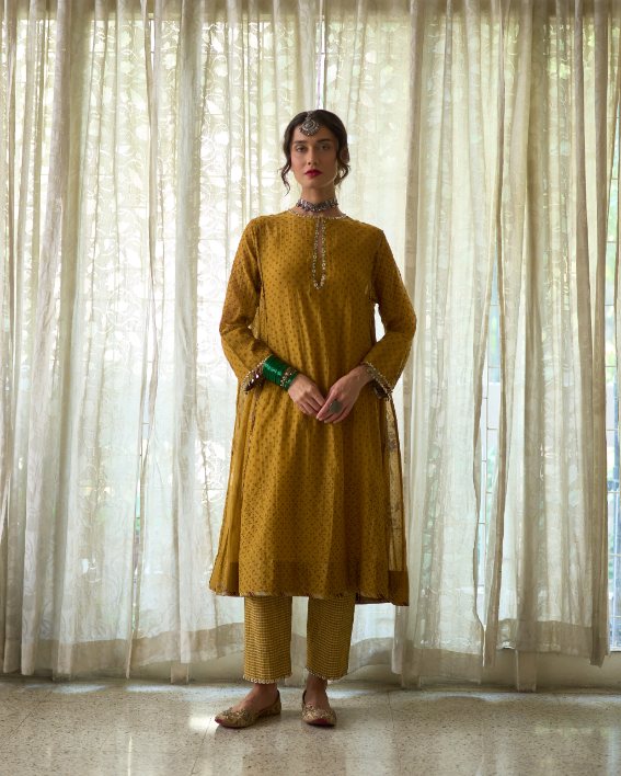 Kuhu Kurta chanderi kurta/kurta set by SWATTI KAPOOR in yellow for women in Singapore