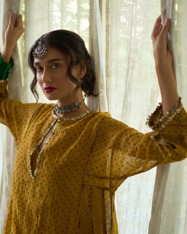 Kuhu Kurta chanderi kurta/kurta set by SWATTI KAPOOR in yellow for women in Singapore