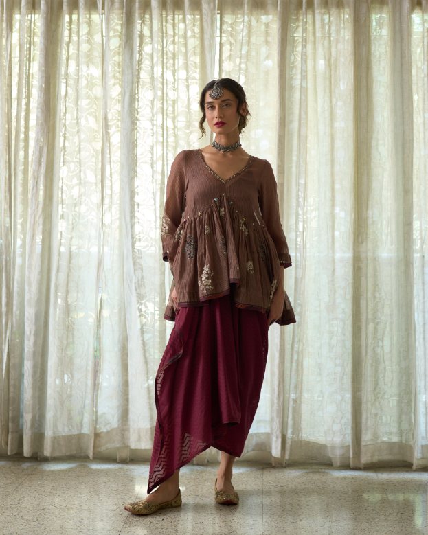 Rupa Skirt cutwork skirt by SWATTI KAPOOR in maroon for women in Singapore