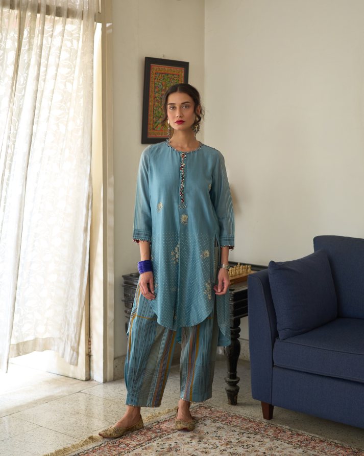 Chitra Kurta chanderi kurta/kurta set by SWATTI KAPOOR in blue for women in Singapore
