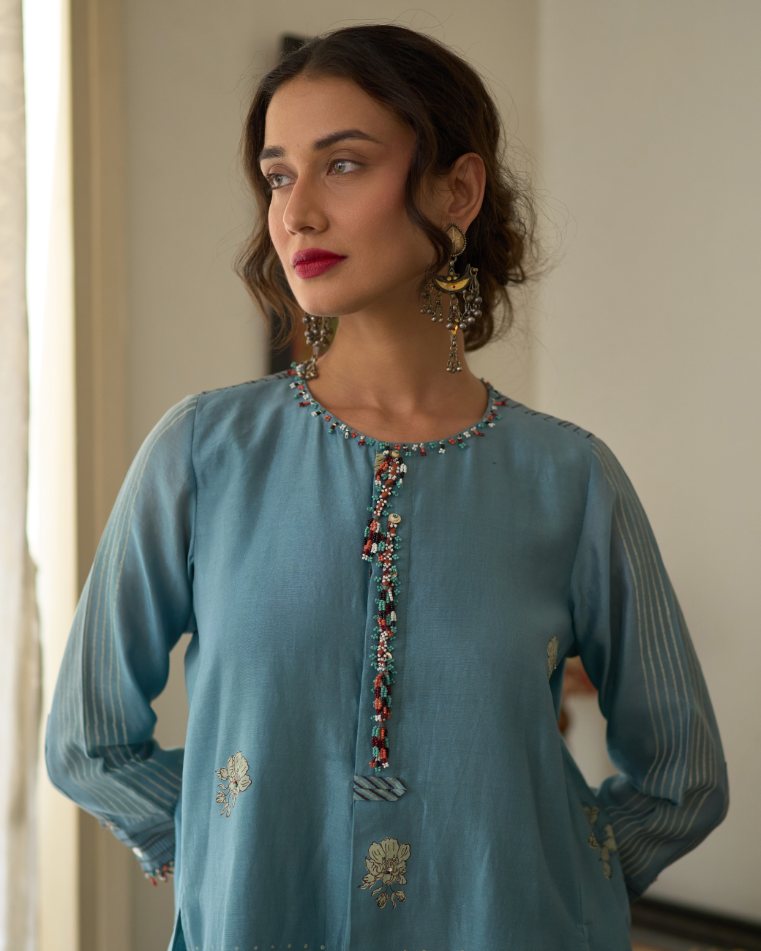 Chitra Kurta chanderi kurta/kurta set by SWATTI KAPOOR in blue for women in Singapore