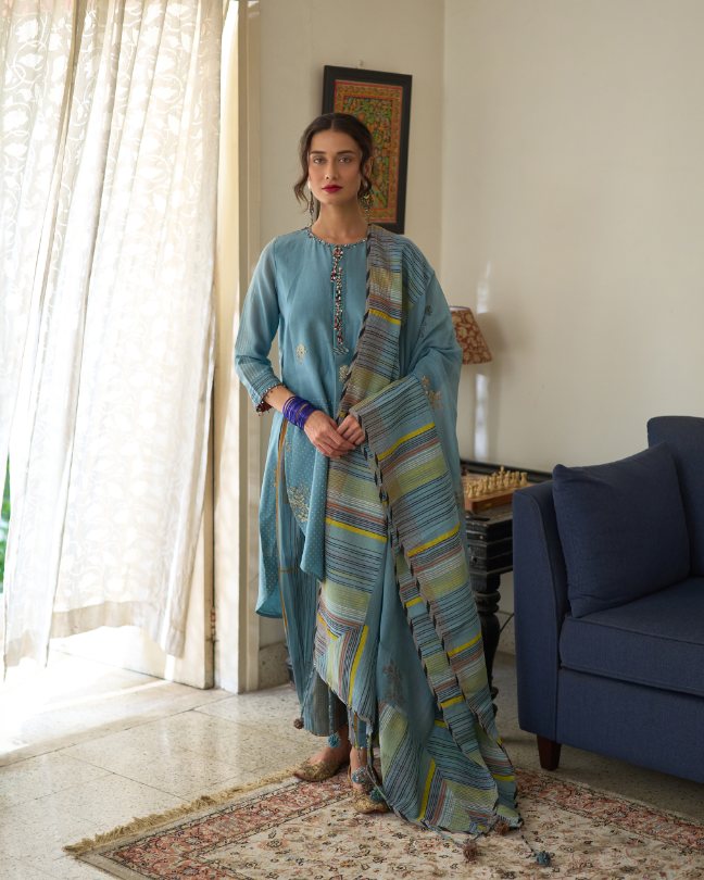 Tina Dupatta chanderi dupatta by SWATTI KAPOOR in blue for women in Singapore