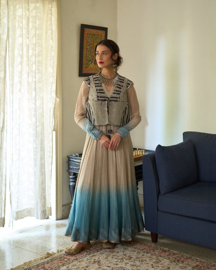 Jini Kurta chanderi kurta/kurta set by SWATTI KAPOOR in beige for women in Singapore