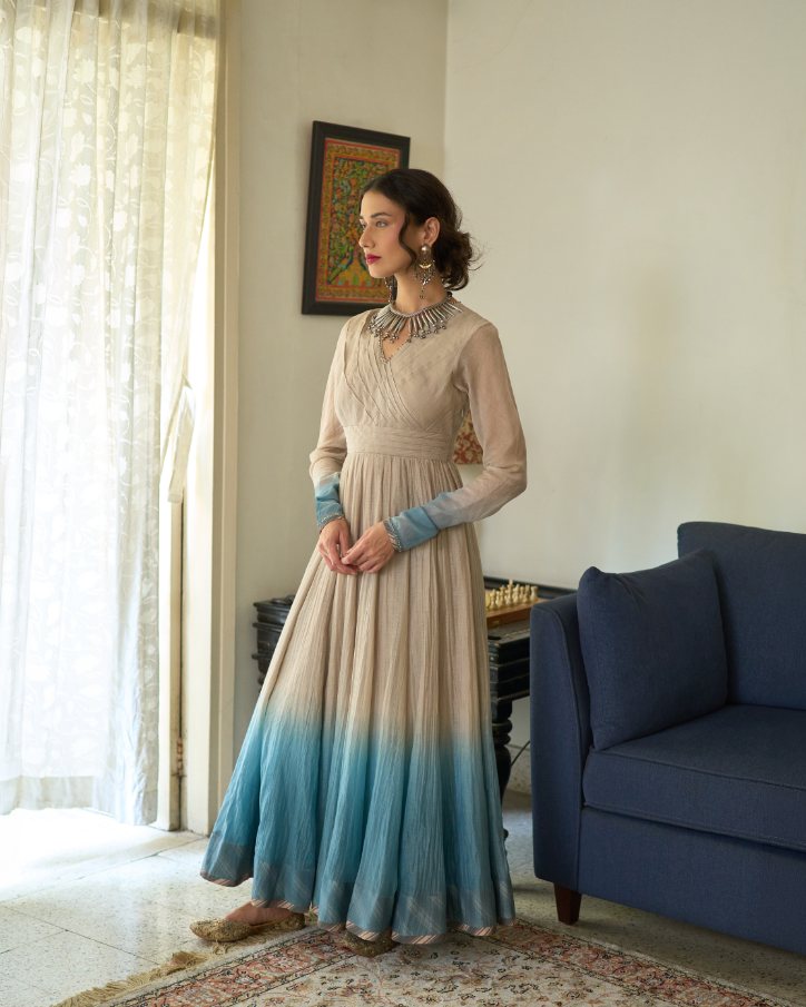 Jini Kurta chanderi kurta/kurta set by SWATTI KAPOOR in beige for women in Singapore