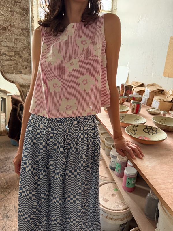 Swing Top-Pink Floral hand block printed cotton top/shirt by World of Crow in pink for women in Singapore