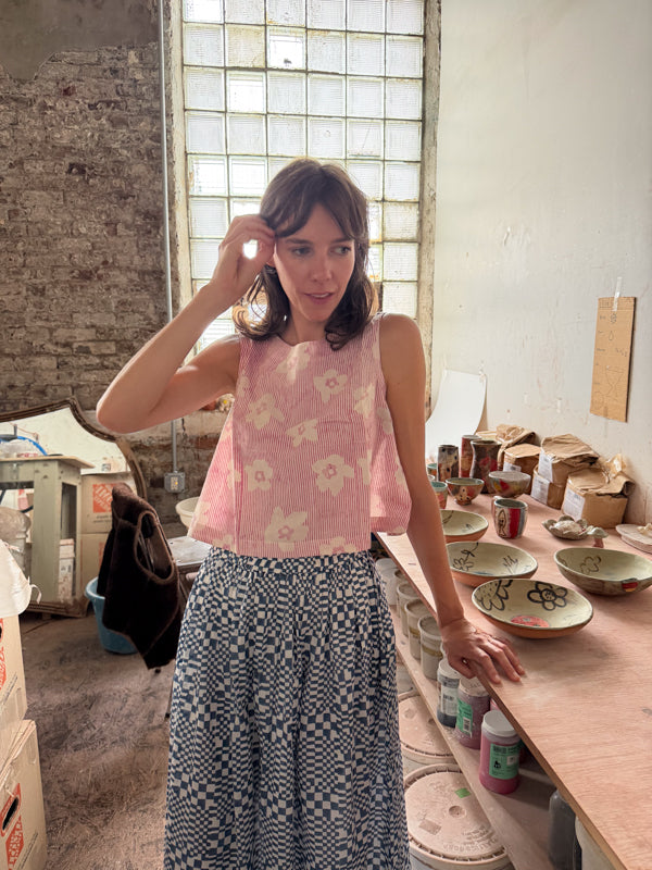Swing Top-Pink Floral hand block printed cotton top/shirt by World of Crow in pink for women in Singapore