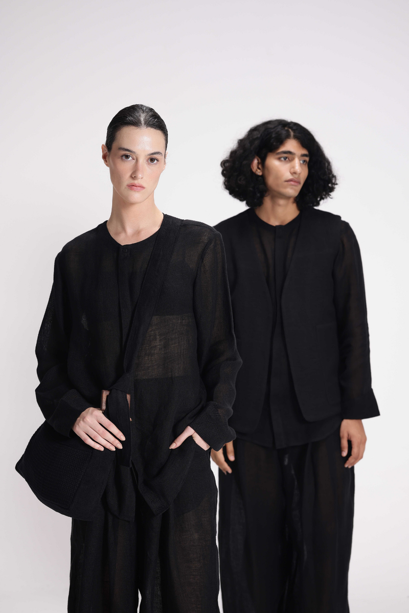 Sheer Full Sleeve Shirt linen by Turn Black in black color for women in Singapore