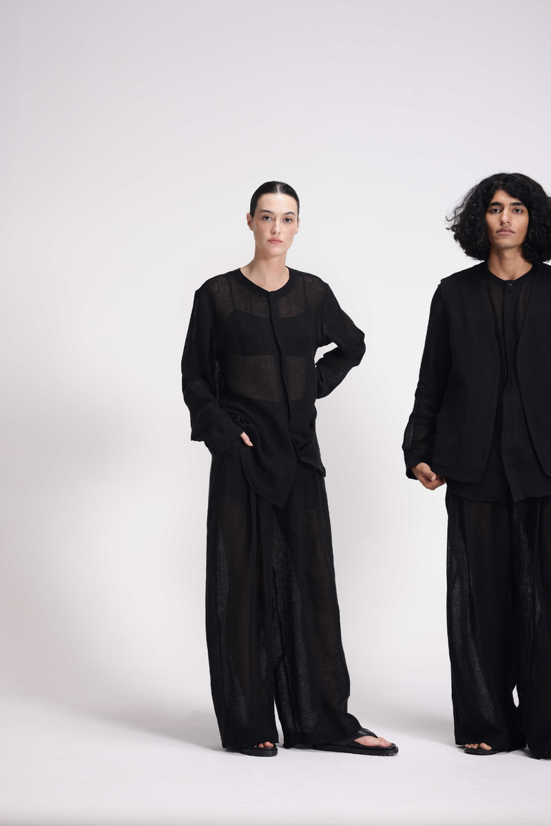 Sheer Full Sleeve Shirt linen by Turn Black in black color for women in Singapore