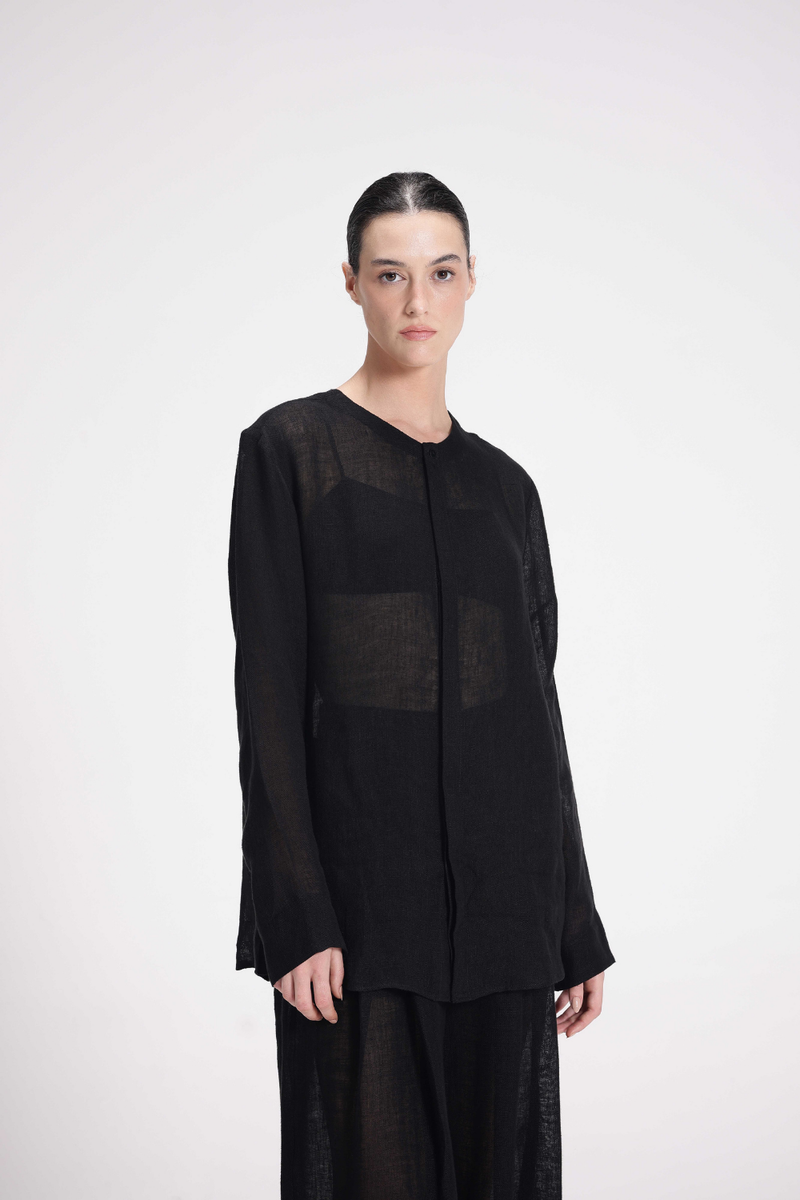 Sheer Full Sleeve Shirt linen by Turn Black in black color for women in Singapore