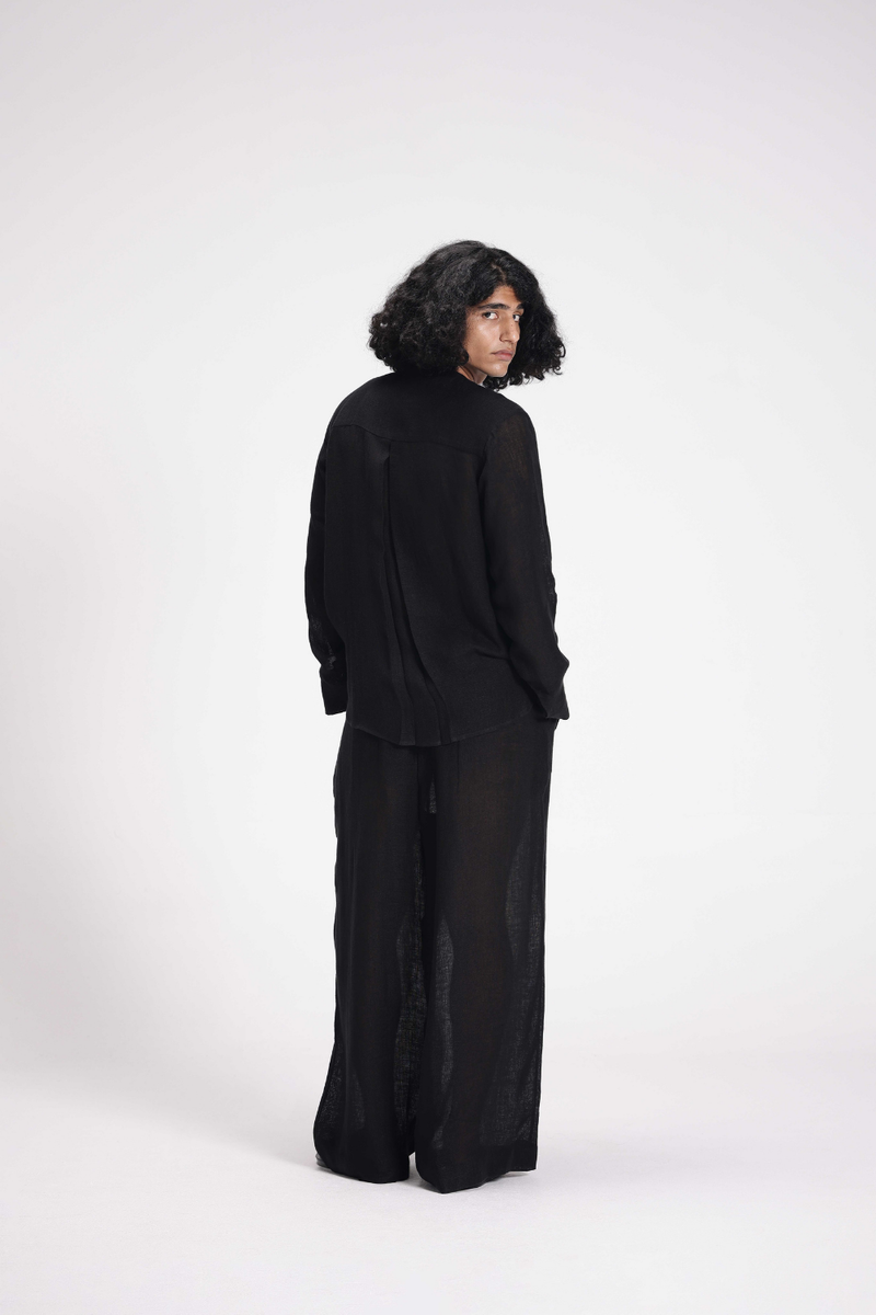 Sheer Full Sleeve Shirt linen by Turn Black in black color for women in Singapore