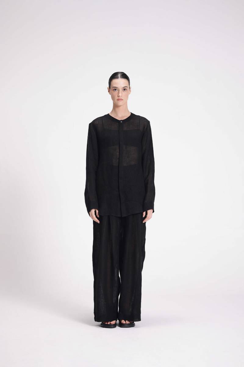 Sheer Full Sleeve Shirt linen by Turn Black in black color for women in Singapore