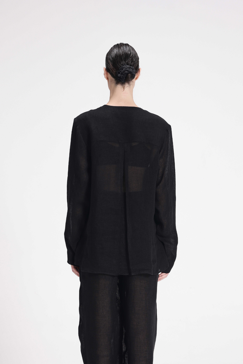 Sheer Full Sleeve Shirt linen by Turn Black in black color for women in Singapore