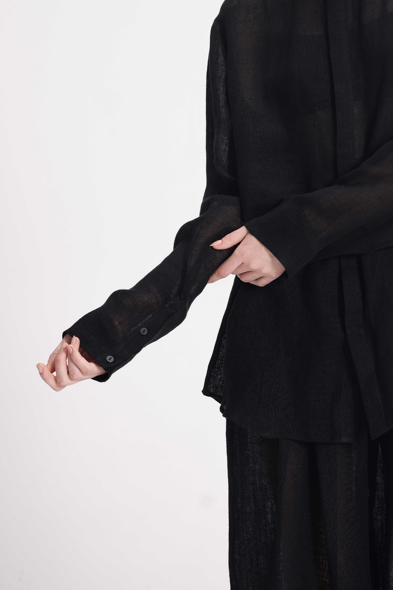 Sheer Full Sleeve Shirt linen by Turn Black in black color for women in Singapore
