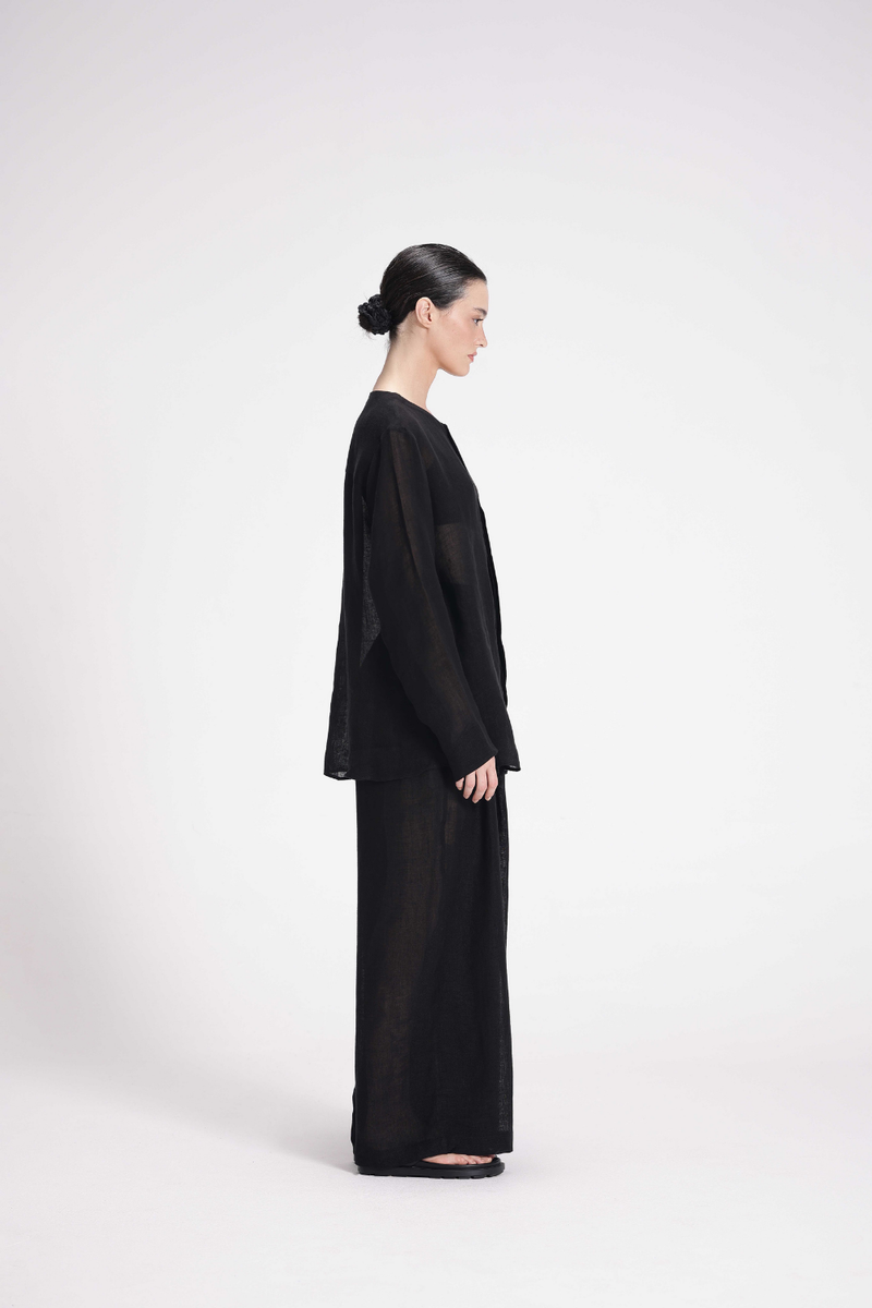 Sheer Full Sleeve Shirt linen by Turn Black in black color for women in Singapore