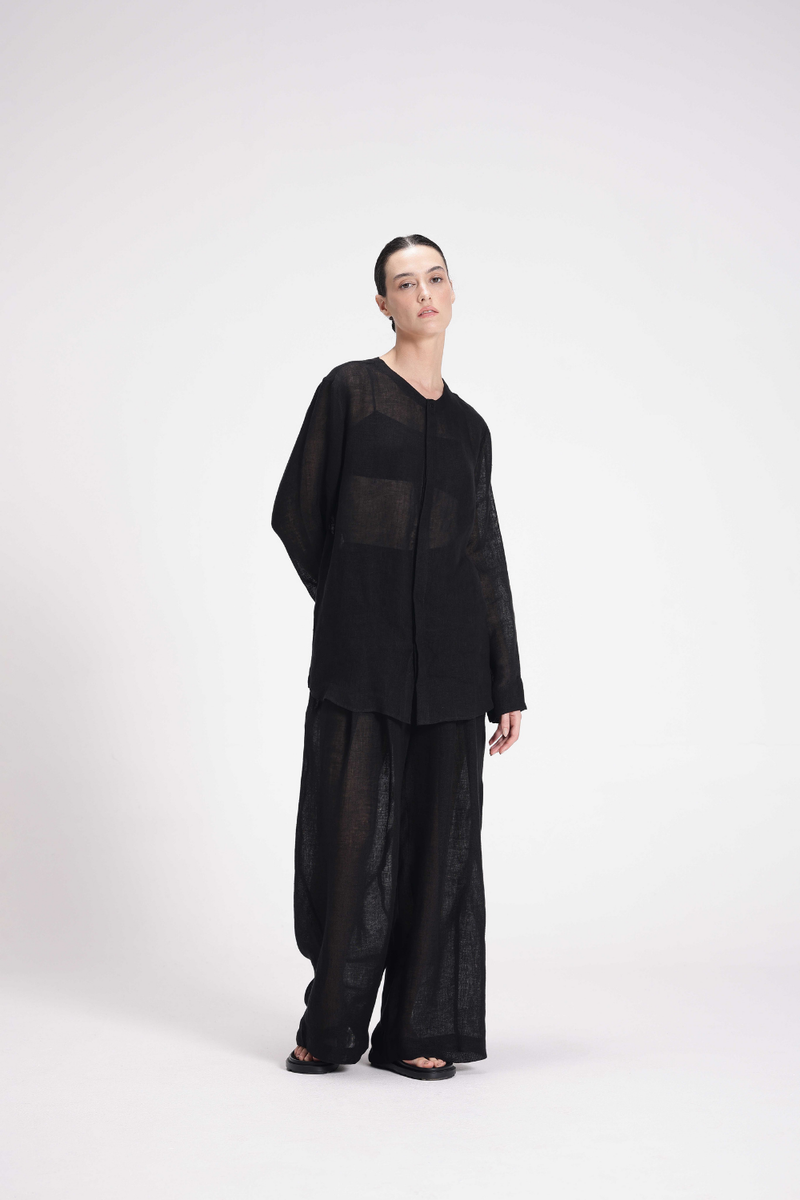 Sheer Full Sleeve Shirt linen by Turn Black in black color for women in Singapore