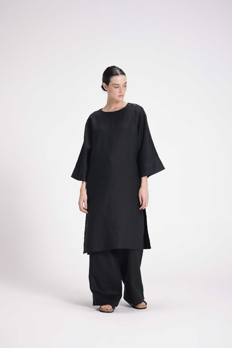 Linen Tunic and Pants Co-ord Set linen by Turn Black in black color for women in Singapore