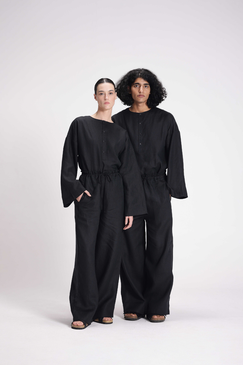 Linen Tunic and Pants Co-ord Set linen by Turn Black in black color for women in Singapore
