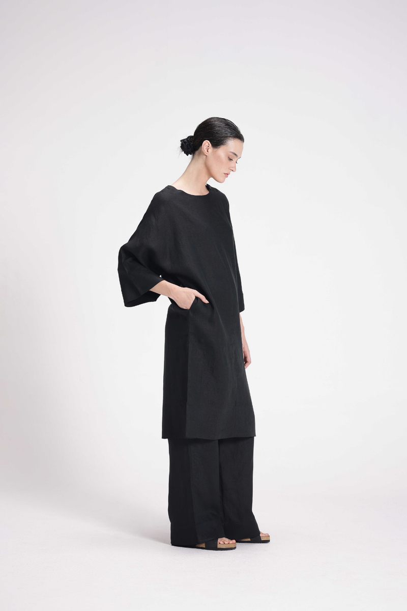 Linen Tunic and Pants Co-ord Set linen by Turn Black in black color for women in Singapore