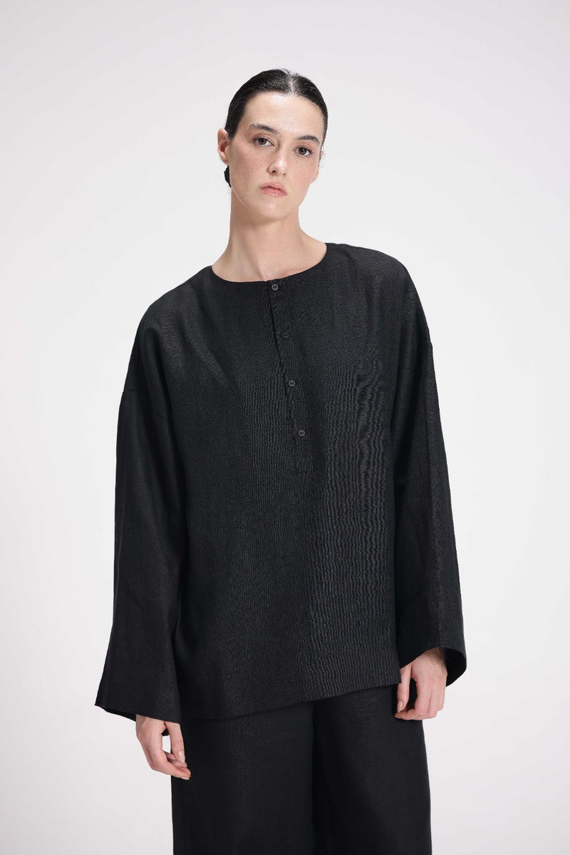 Linen Full Sleeves Top linen by Turn Black in black color for women in Singapore
