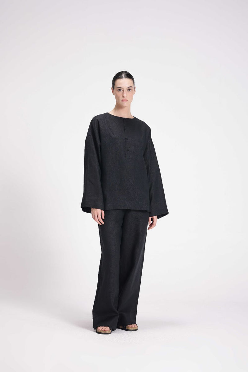Linen Full Sleeves Top linen by Turn Black in black color for women in Singapore