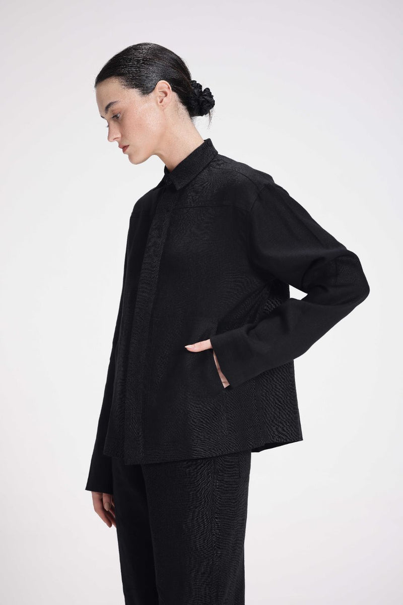Linen Shirt with Patch Pockets linen by Turn Black in black color for women in Singapore