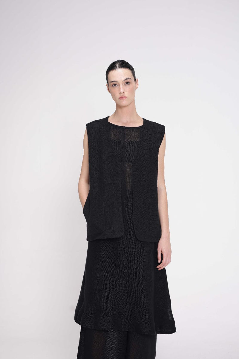 Chenille Sleeveless Vest linen by Turn Black in black color for women in Singapore
