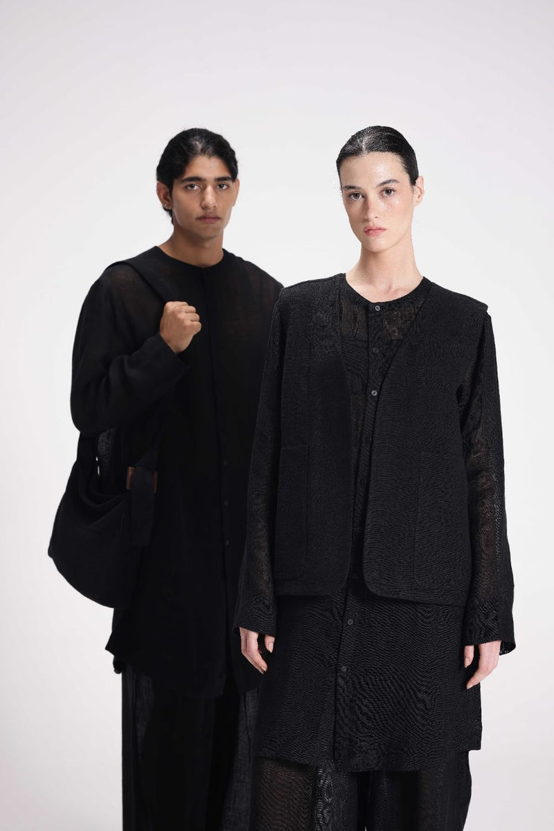 Chenille Sleeveless Vest linen by Turn Black in black color for women in Singapore