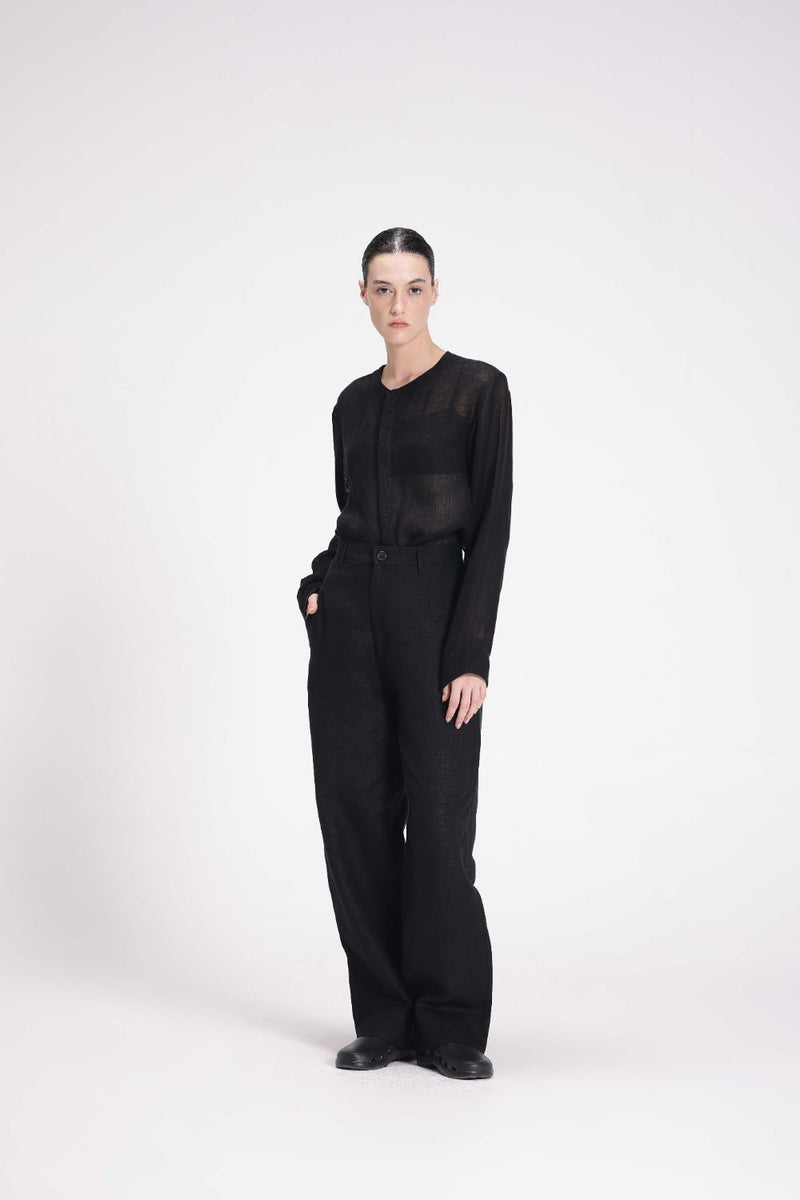 Linen Mid-Rise Straight Pants linen by Turn Black in black color for women in Singapore