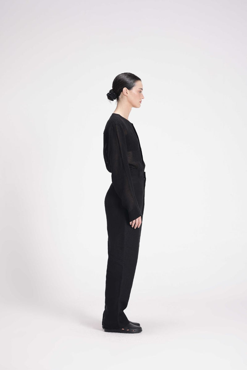 Linen Mid-Rise Straight Pants linen by Turn Black in black color for women in Singapore