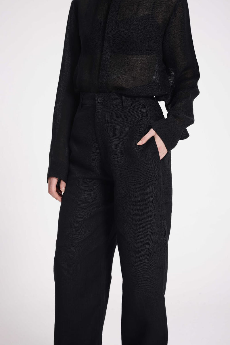 Linen Mid-Rise Straight Pants linen by Turn Black in black color for women in Singapore