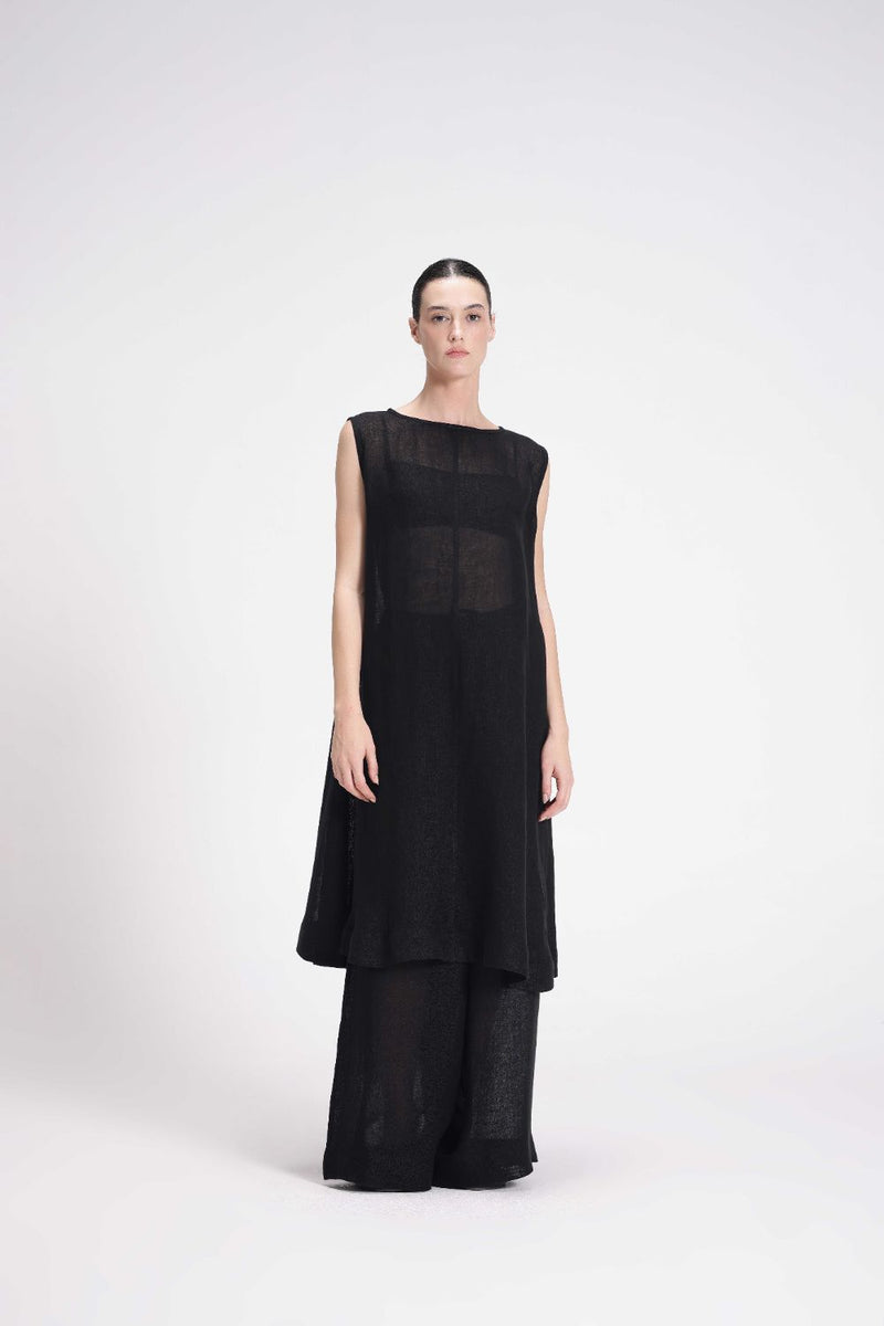 Sheer Slip Dress linen by Turn Black in black color for women in Singapore