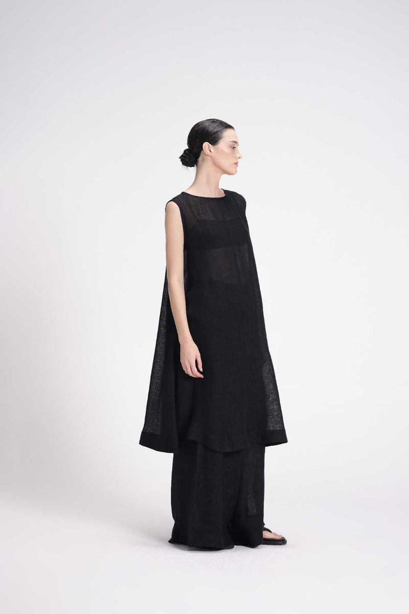 Sheer Slip Dress linen by Turn Black in black color for women in Singapore