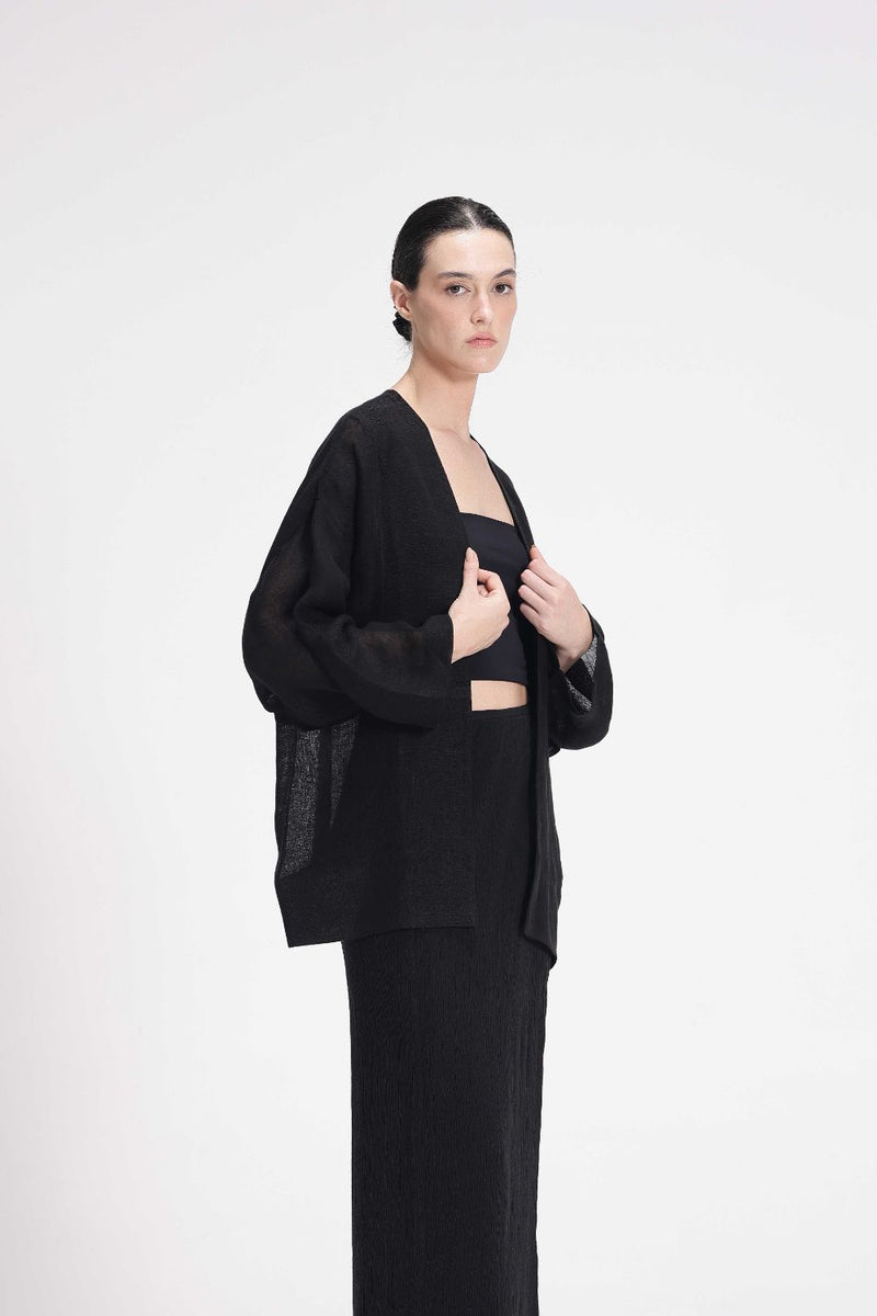 Sheer Patchwork Overlay linen by Turn Black in black color for women in Singapore