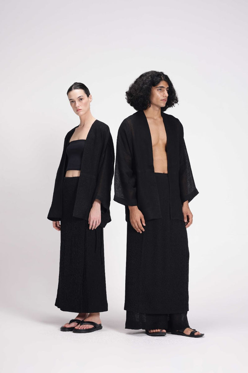 Sheer Patchwork Overlay linen by Turn Black in black color for women in Singapore