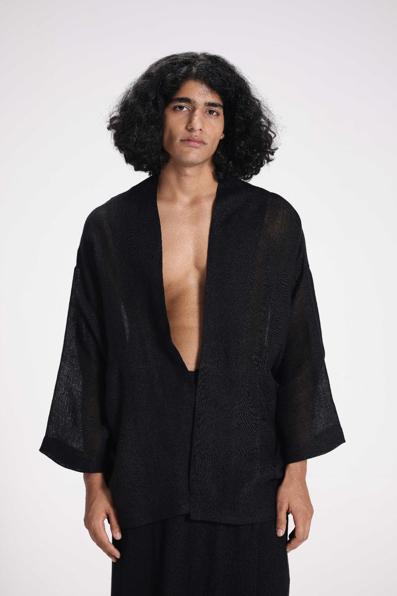 Sheer Patchwork Overlay linen by Turn Black in black color for women in Singapore