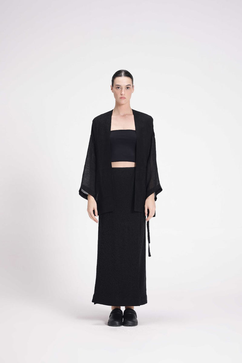 Sheer Patchwork Overlay linen by Turn Black in black color for women in Singapore