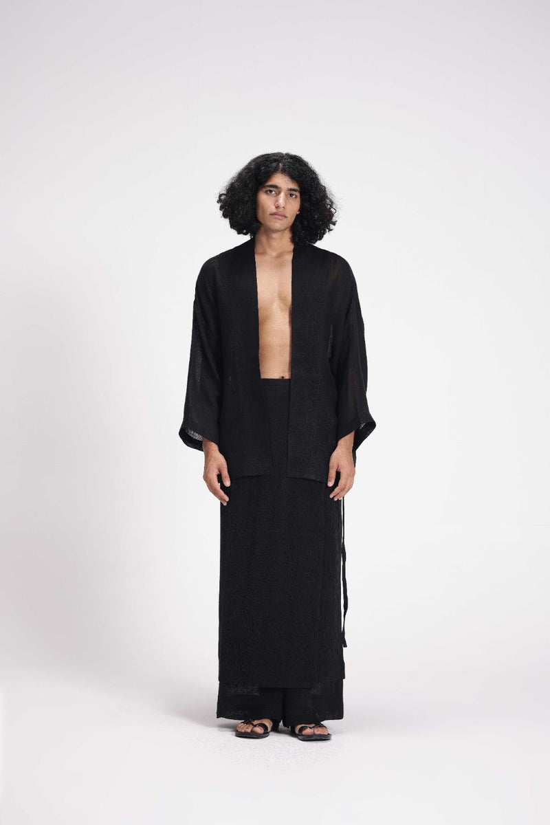 Sheer Patchwork Overlay linen by Turn Black in black color for women in Singapore
