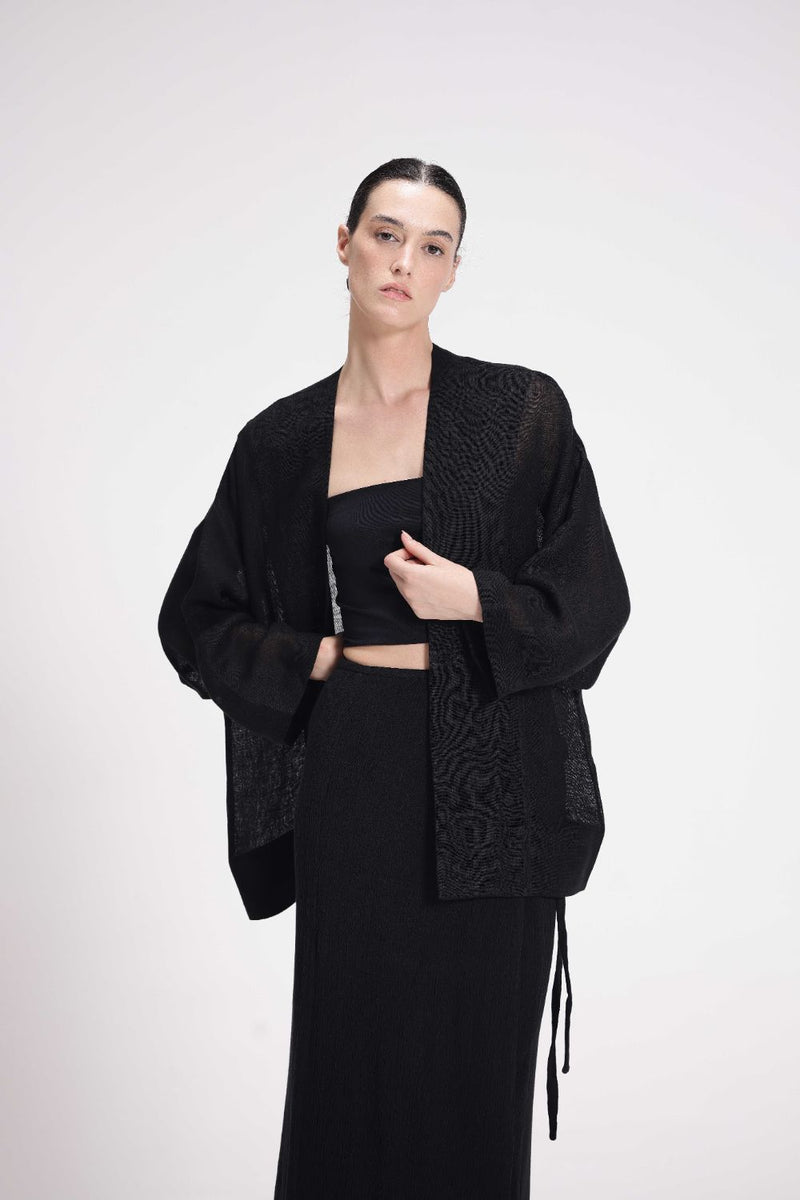 Sheer Patchwork Overlay linen by Turn Black in black color for women in Singapore