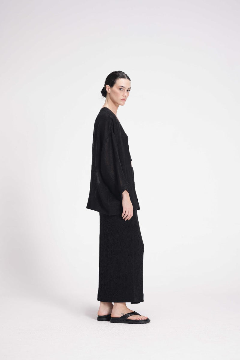 Sheer Patchwork Overlay linen by Turn Black in black color for women in Singapore