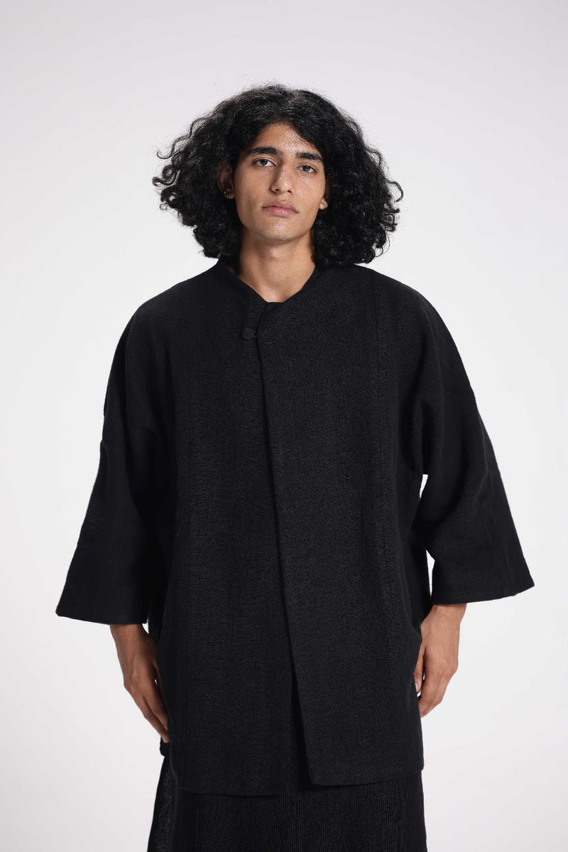 Chenille Full Sleeve Jacket linen by Turn Black in black color for men in Singapore