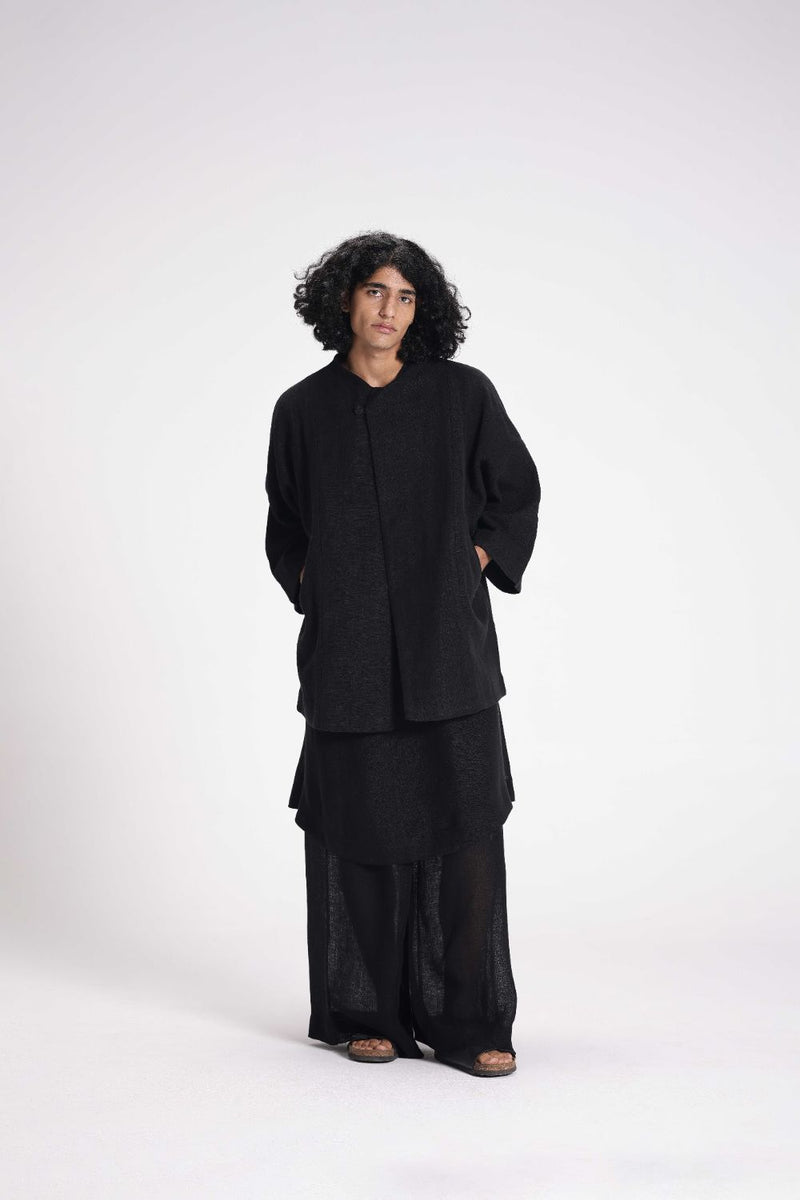 Chenille Full Sleeve Jacket linen by Turn Black in black color for men in Singapore