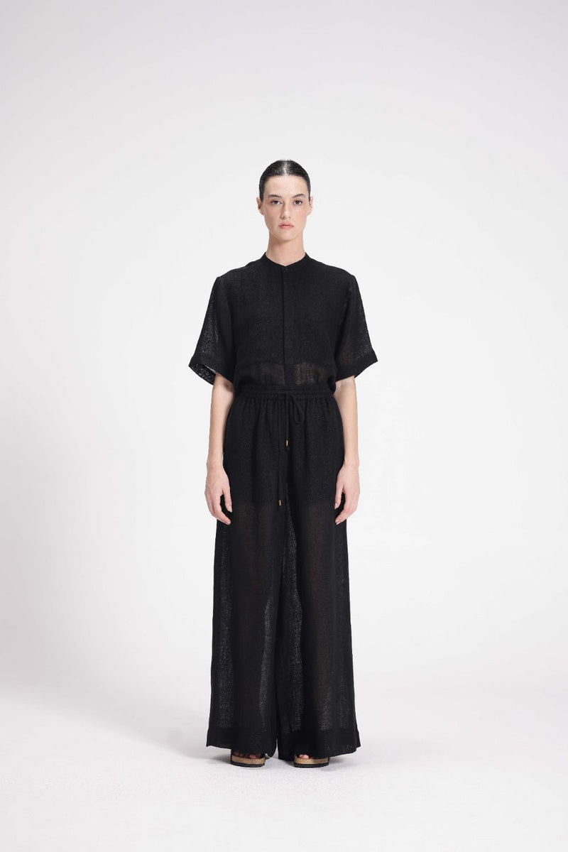 Sheer Elasticated Pants linen by Turn Black in black color for women in Singapore