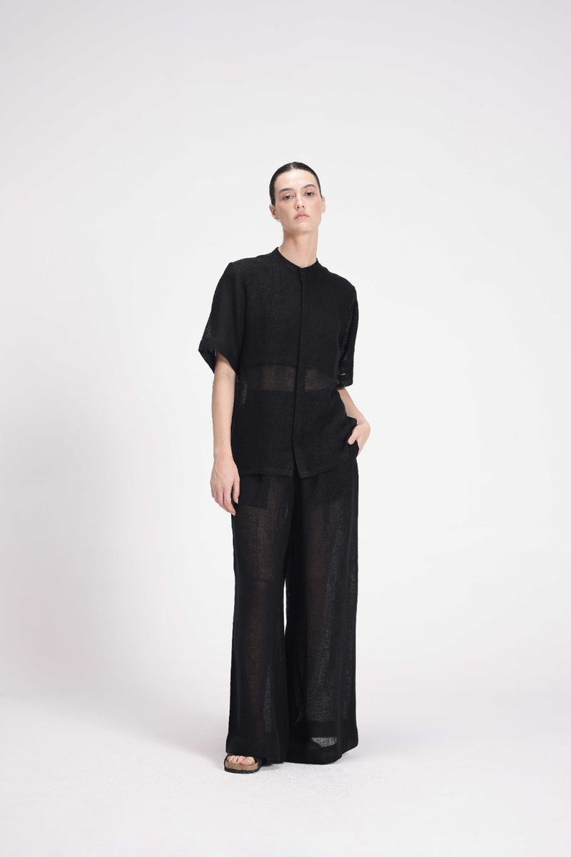 Sheer Elasticated Pants linen by Turn Black in black color for women in Singapore