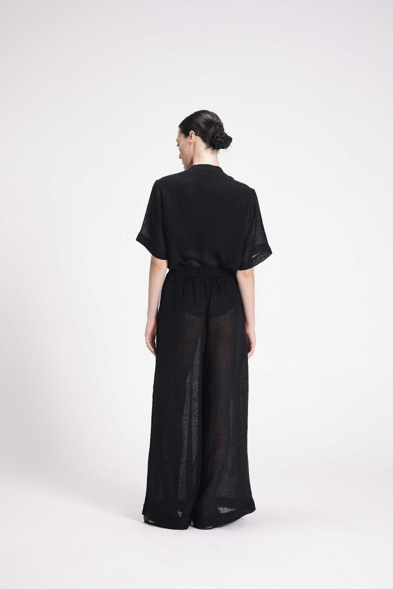Sheer Elasticated Pants linen by Turn Black in black color for women in Singapore