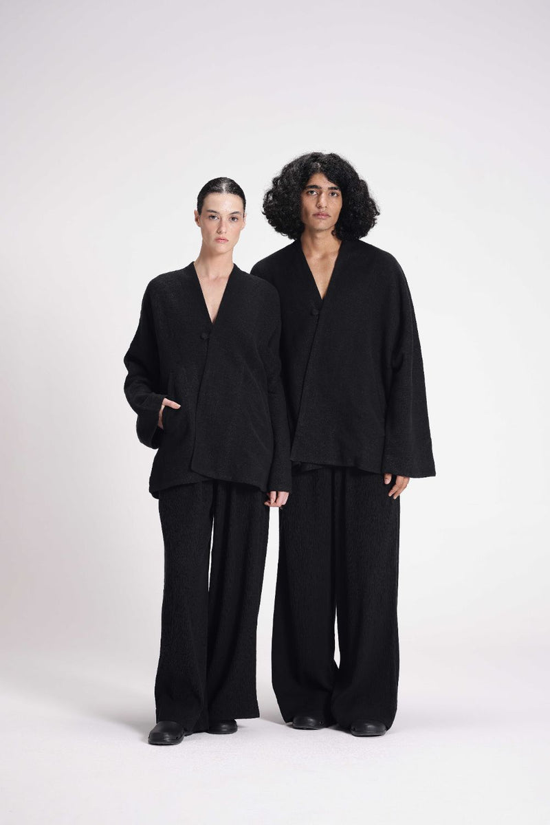 Chenille Overlap Jacket linen by Turn Black in black color for women in Singapore