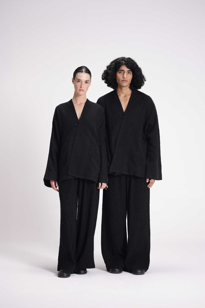 Chenille Overlap Jacket linen by Turn Black in black color for women in Singapore