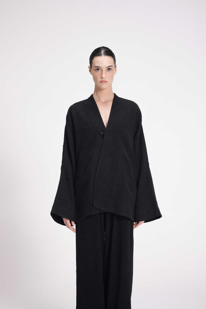 Chenille Overlap Jacket linen by Turn Black in black color for women in Singapore