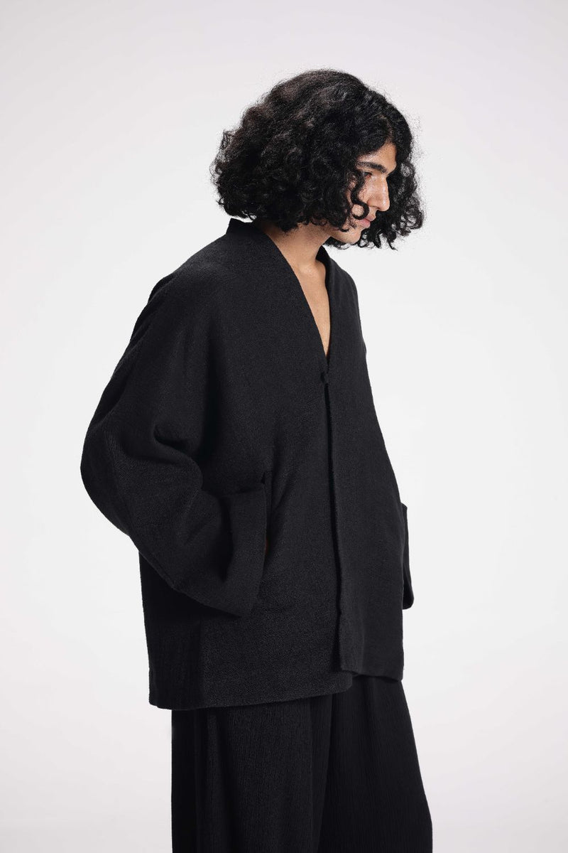 Chenille Overlap Jacket linen by Turn Black in black color for women in Singapore