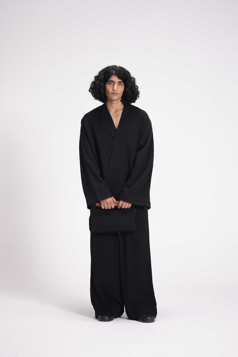 Chenille Overlap Jacket linen by Turn Black in black color for women in Singapore